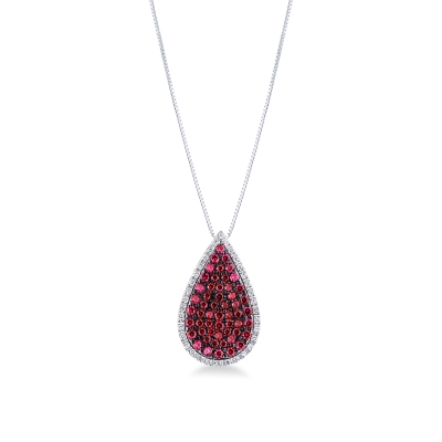 Collana in oro bianco 18k con ciondolo a goccia pavè brunito in rubini e diamanti