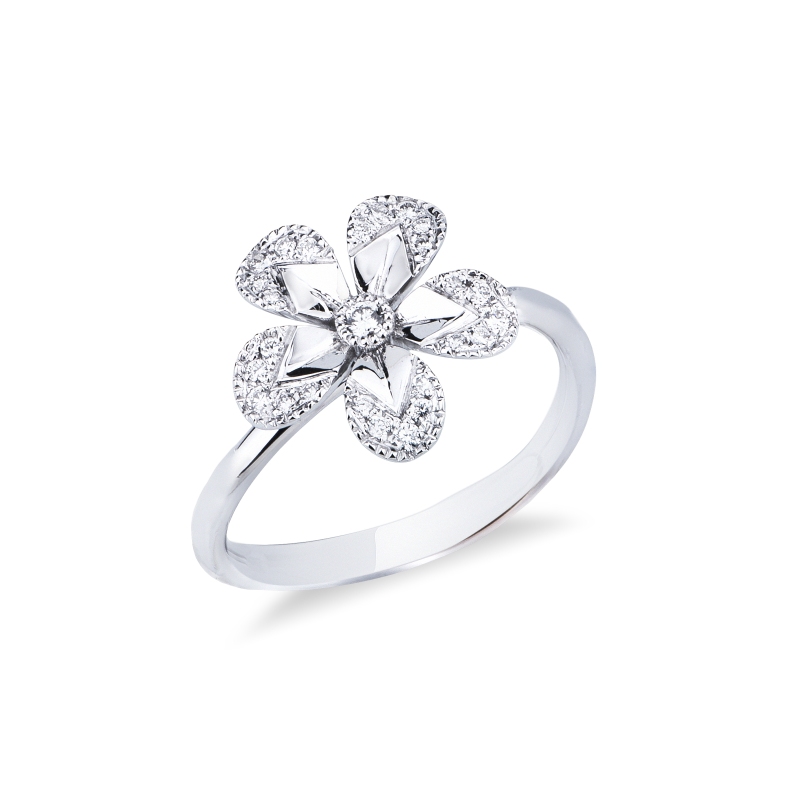 Anello a fiore in oro bianco 18k con petali in diamanti