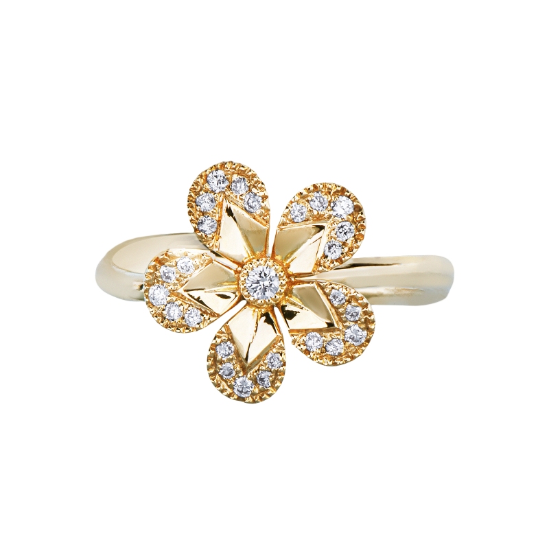 Anello a fiore in oro giallo 18k con petali in diamanti