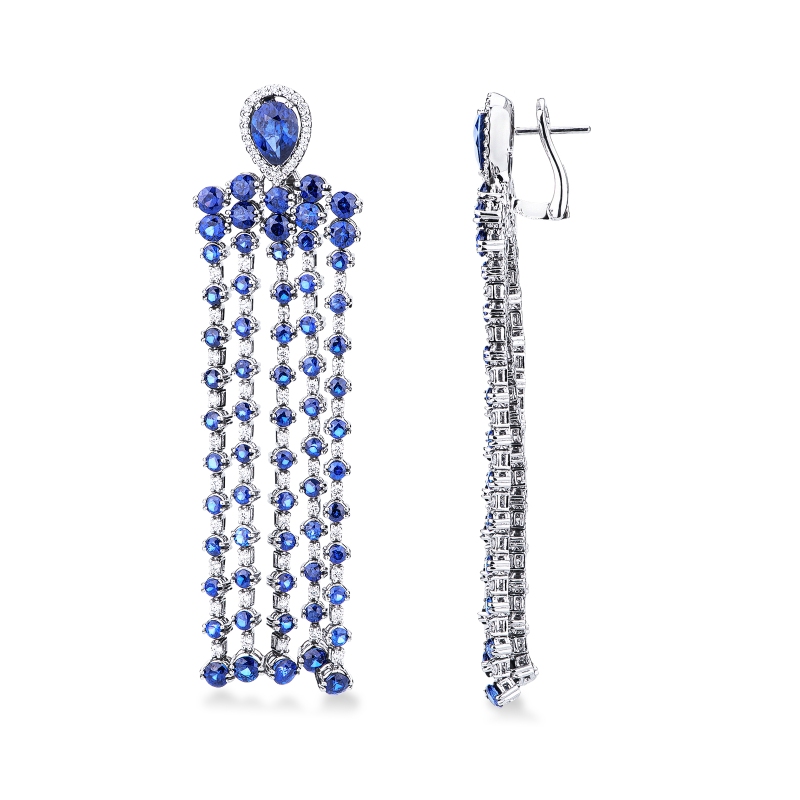 Orecchini design pendenti in oro bianco 18k con zaffiri blu e diamanti