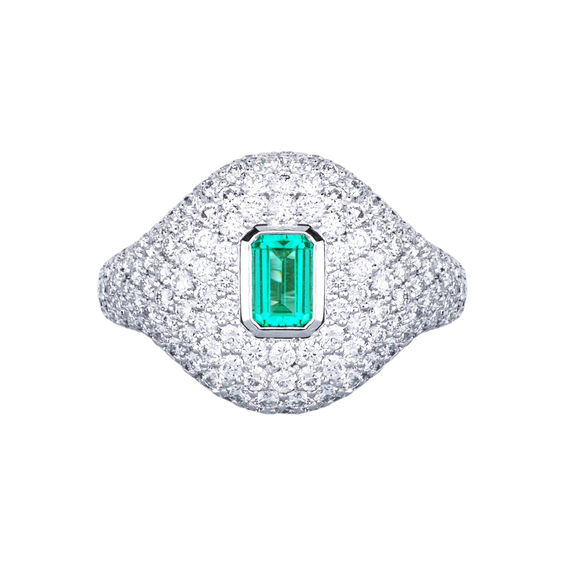 ANELLO FASCIA PAVE' IN BRILLANTI E SMERALDO RETTANGOLARE MM6X4