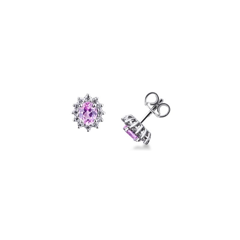 Orecchini  in oro bianco 18k con zaffiro rosa e contorno in diamanti