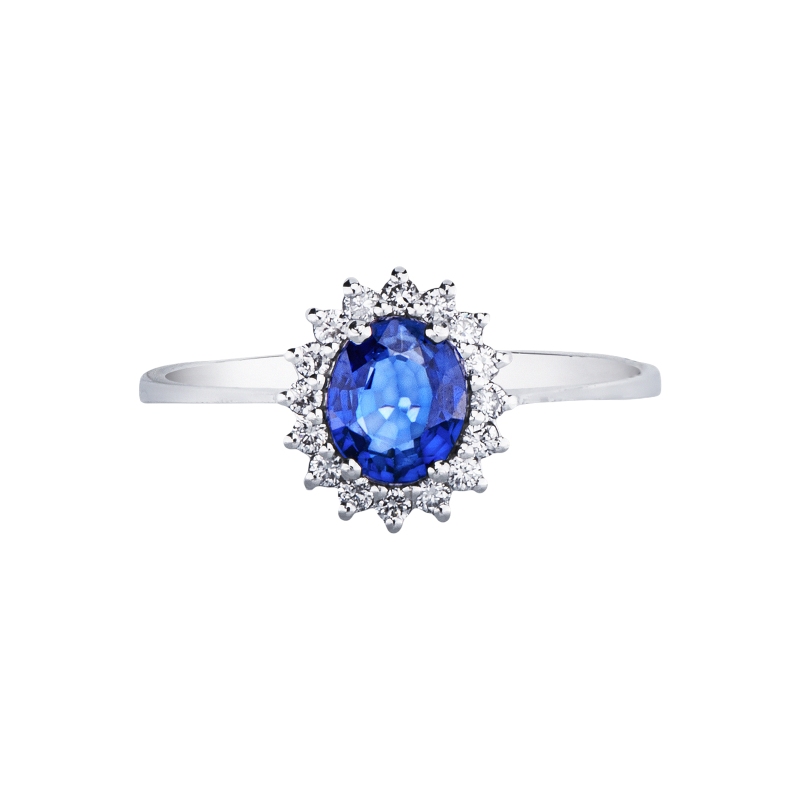 Anello in oro bianco 18k con diamanti e zaffiro blu ovale