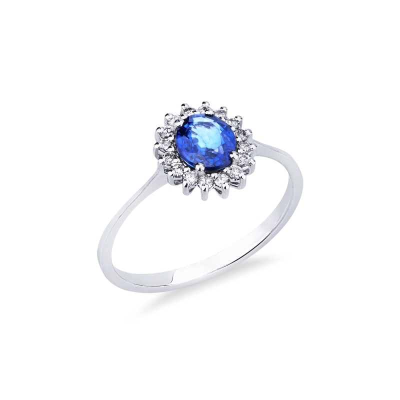 Anello in oro bianco 18k con diamanti e zaffiro blu ovale