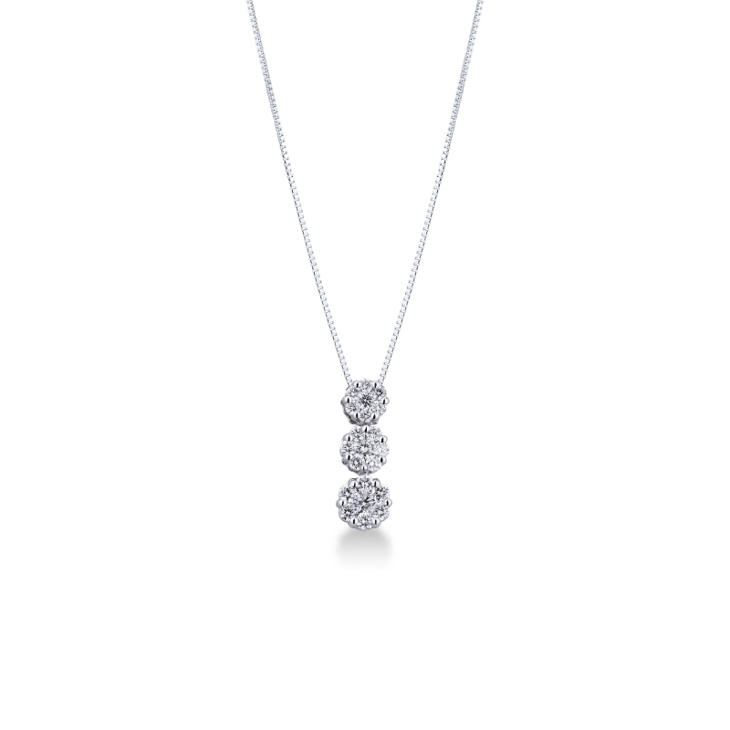 Necklace in 18k white gold with 3 flowers of diamonds illusion pendant