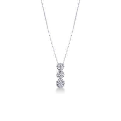 Necklace in 18k white gold with 3 flowers of diamonds illusion pendant