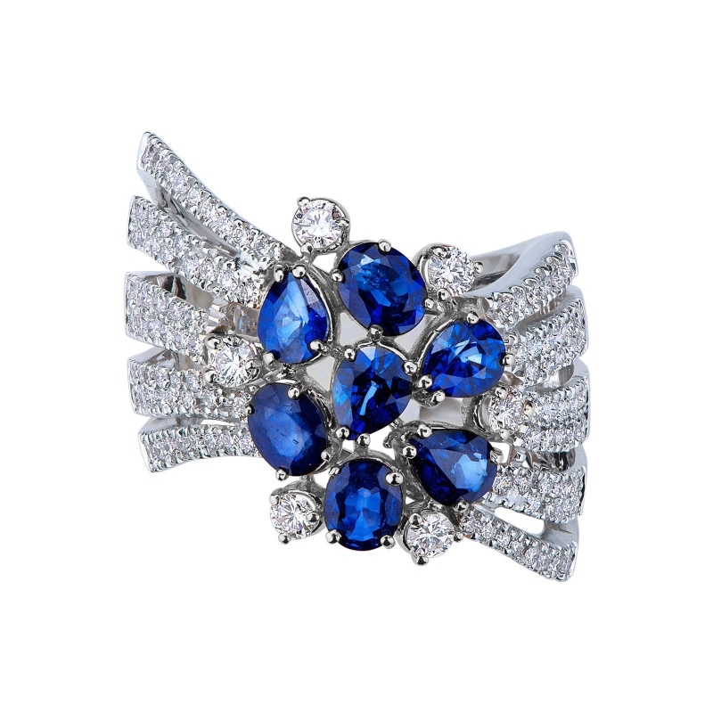 Band ring with diamonds and blue sapphires in white gold 18k