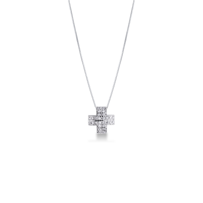 Collana  in oro bianco 18k con croce in pavé di diamanti, cm 1