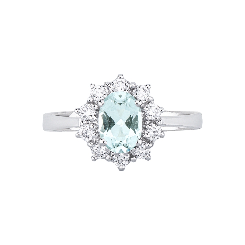 Anello in oro bianco 750 con acquamarina ovale e contorno diamanti