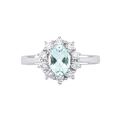 Anello in oro bianco 750 con acquamarina ovale e contorno diamanti