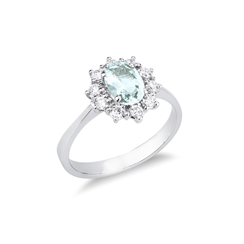 Anello in oro bianco 750 con acquamarina ovale e contorno diamanti