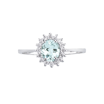 Anello contorno in oro bianco 750 con acquamarina e diamanti