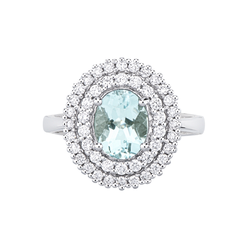 Anello in oro bianco 750 con diamanti e acquamarina ovale
