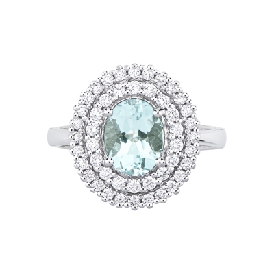 Anello in oro bianco 750 con diamanti e acquamarina ovale