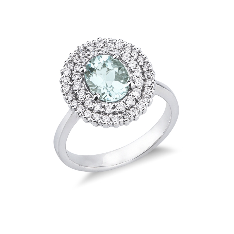 Anello in oro bianco 750 con diamanti e acquamarina ovale