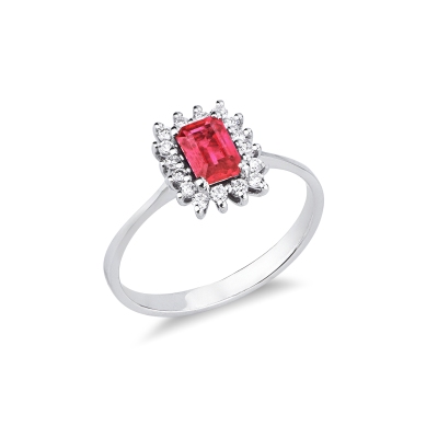 ANELLO CONTORNO CON 16BRILLANTI E RUBINO RETTANGOLARE MM6X4