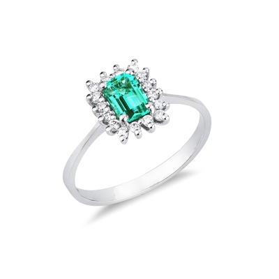 ANELLO CONTORNO CON 16BRILLANTI E SMERALDO RETTANGOLARE MM6X4