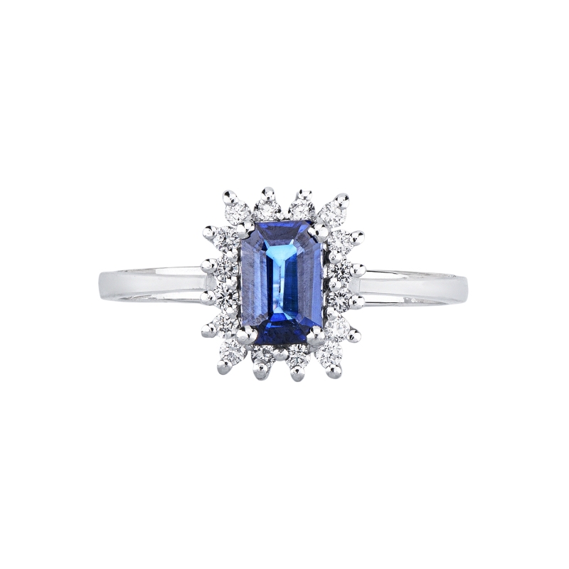 Anello in oro bianco 750 con zaffiro blu rettangolare e diamanti