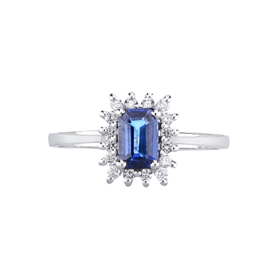 Anello in oro bianco 750 con zaffiro blu rettangolare e diamanti