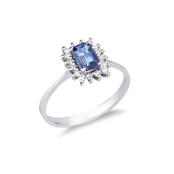 Anello in oro bianco 750 con zaffiro blu rettangolare e diamanti