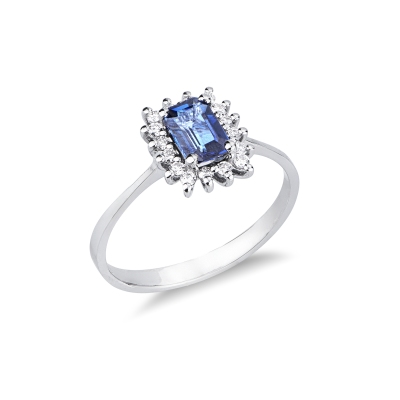 Anello in oro bianco 750 con zaffiro blu rettangolare e diamanti