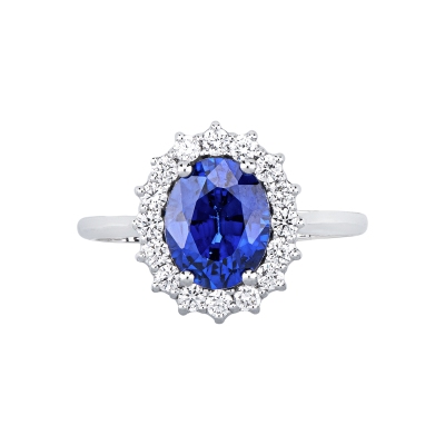Anello contorno in oro bianco 18k con zaffiro ovale blu e diamanti