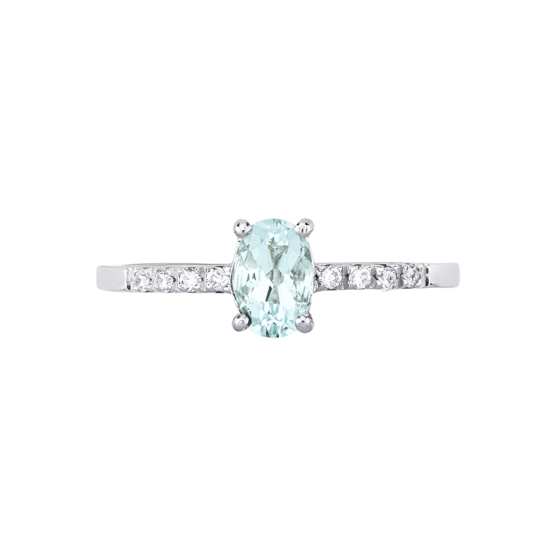 White gold 18k ring with a central aquamarine and diamonds shoulder set