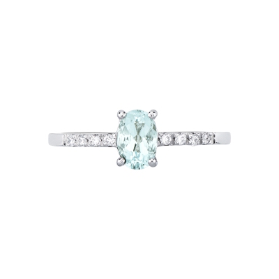 White gold 18k ring with a central aquamarine and diamonds shoulder set