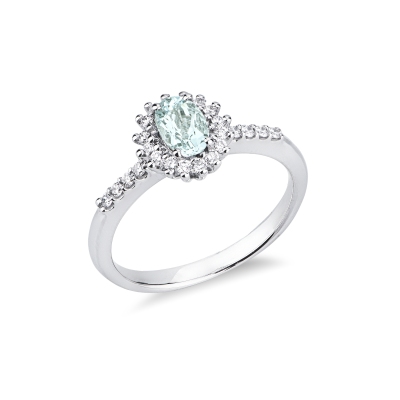 Anello in oro bianco 18k con acquamarina ovale e halo di diamanti