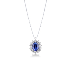 Collana in oro bianco 18k con zaffiro blu ovale e contorno di diamanti
