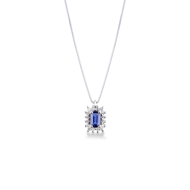 Collana in oro bianco 18k con zaffiro blu e contorno in diamanti
