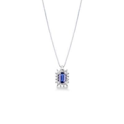 Collana in oro bianco 18k con zaffiro blu e contorno in diamanti
