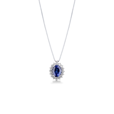 Collana zaffiro blu ovale e diamanti in oro bianco 18k
