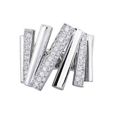 Anello in oro bianco 18k con tredici barrette alcune delle quali incastonate con diamanti