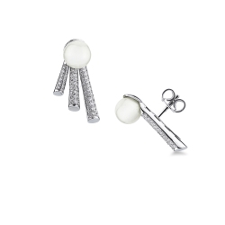 Orecchini in oro bianco 18k con perla e barre a scalare in pavé