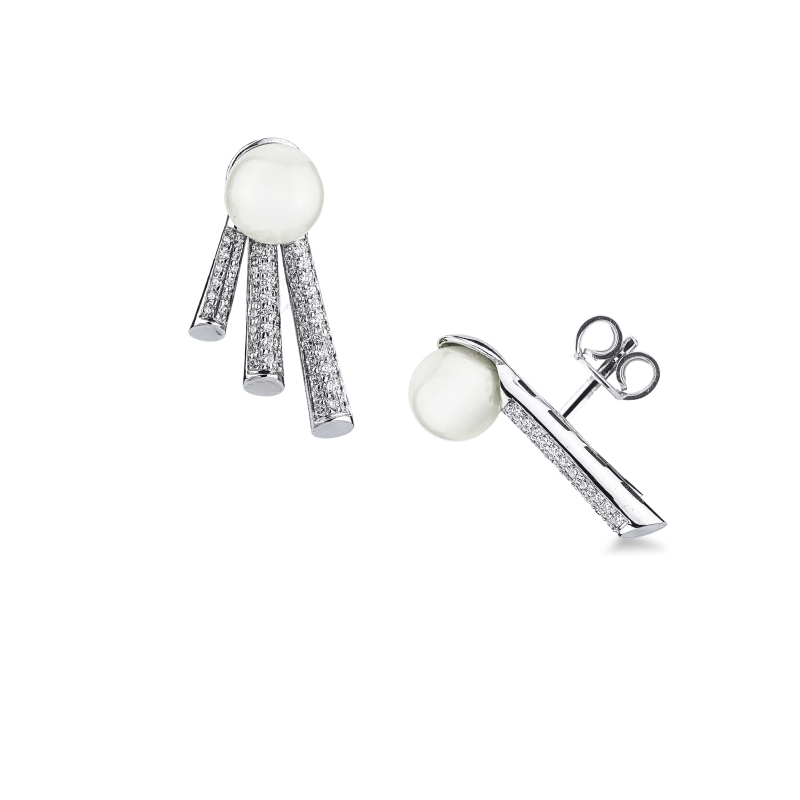 Orecchini in oro bianco 18k con perla e barre a scalare in pavé