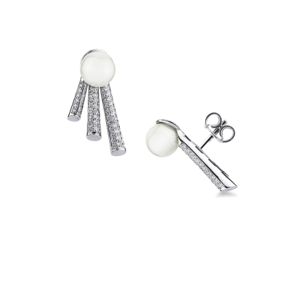 Orecchini in oro bianco 18k con perla e barre a scalare in pavé