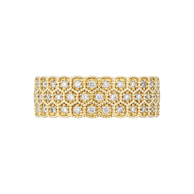 Anello in oro giallo 18k con castoni esagonali a 3 file in diamanti 