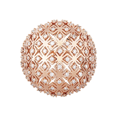 Anello fascia a cupola in oro rosa 18k con trama geometrica e diamanti