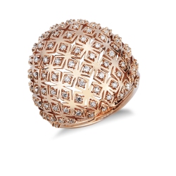 Anello fascia a cupola in oro rosa 18k con trama geometrica e diamanti