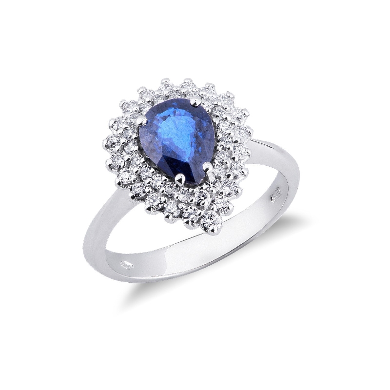 White gold 18k ring with a blue sapphire pear cut and diamonds 