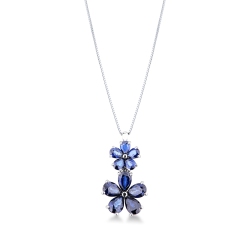 Collana in oro bianco 18k con due fiori in zaffiri blu