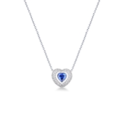 Collana in oro bianco 18k con ciondolo zaffiro cuore e pavè in diamanti