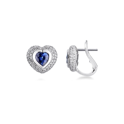 Orecchini cuore in oro bianco 18k con zaffiro blu e diamanti