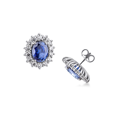 Orecchini modello Lady D in oro bianco 18k con zaffiro blu e diamanti