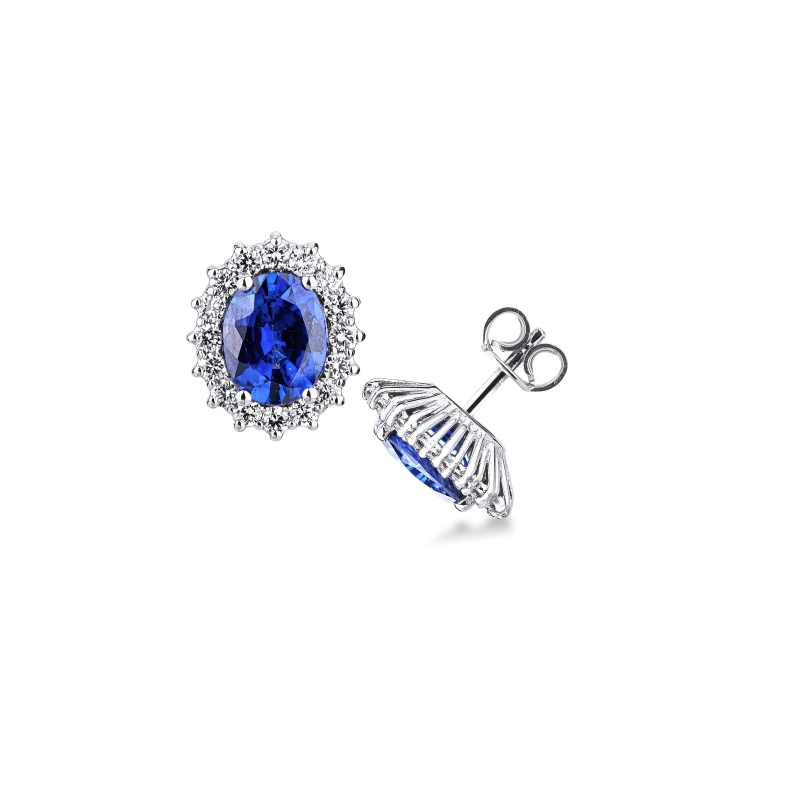 Orecchini a rosetta in oro bianco 18k con zaffiro blu e diamanti