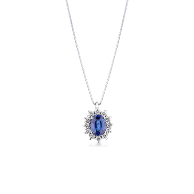 Collana contorno in oro bianco 18k con zaffiro blu e diamanti 