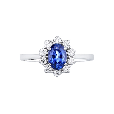 Anello modello contorno in oro bianco 18k con Diamanti e Zaffiro blu centrale