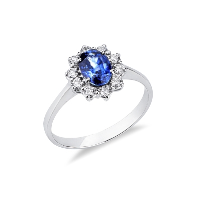Anello modello contorno in oro bianco 18k con Diamanti e Zaffiro blu centrale