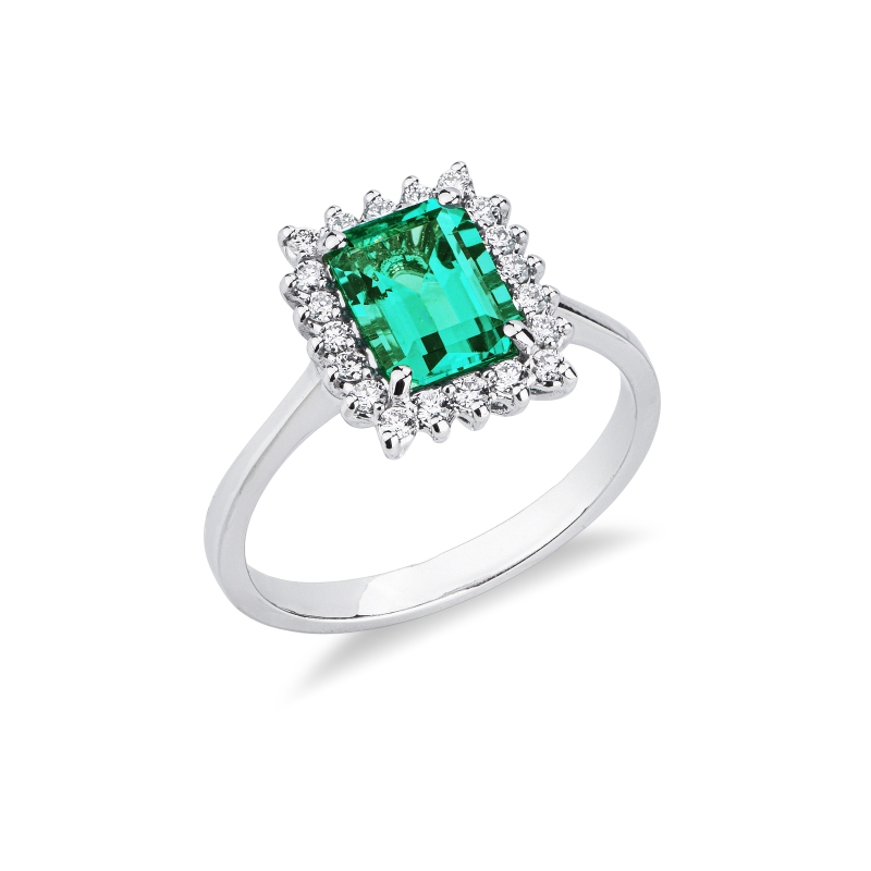 ANELLO CONTORNO CON 20BRILL E SMERALDO TAGLIO RETTANGOLARE MM8X6